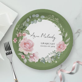 Plato De Papel Modern Pink Roses Script Class of Graduation