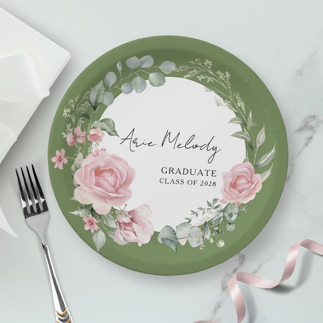 Plato De Papel Modern Pink Roses Script Class of Graduation (Subido por el creador)