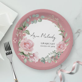 Plato De Papel Modern Pink Roses Script Class of Graduation
