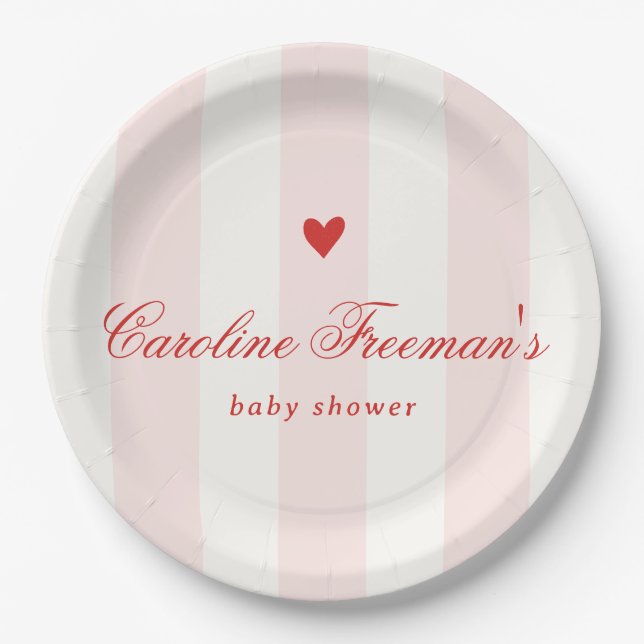 Plato De Papel Modern Pink Stripe Heart Valentine Baby Shower (Anverso)