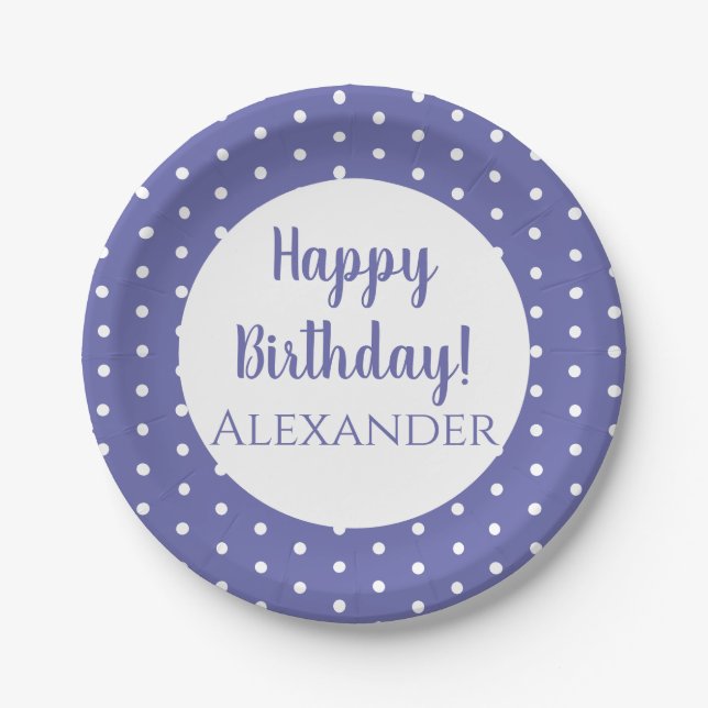 Plato De Papel Modern Purple Polka Dots Name Birthday Party (Anverso)