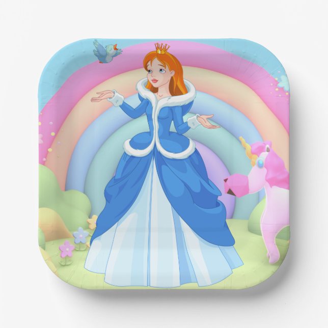 Plato De Papel Modern Rainbow and Disney Princess Birthday (Anverso)