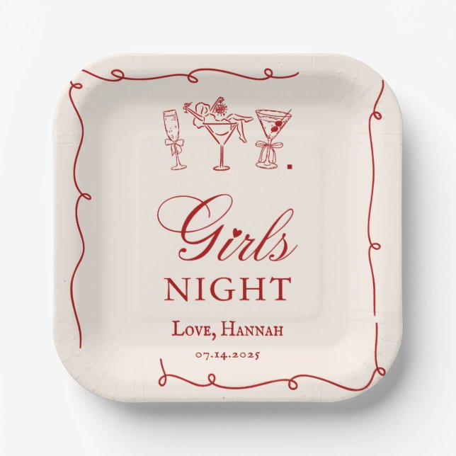 Plato De Papel Modern Red Girls Night Dinner Party (Anverso)