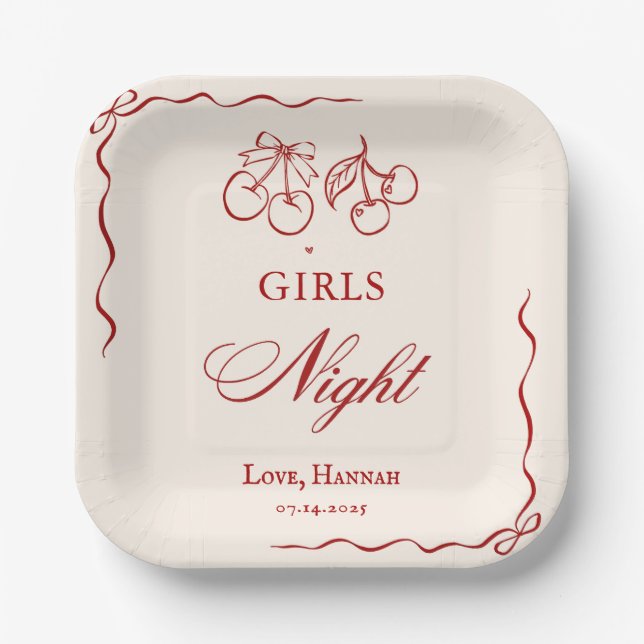 Plato De Papel Modern Red Girls Night Dinner Party (Anverso)