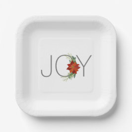 Plato De Papel Modern Red poinsettia Holiday Joy Christmas
