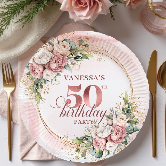 Plato De Papel Modern Rose Gold Greenery 50th Birthday Glitter   (Modern Rose Gold Greenery 50th Birthday Glitter Party Plates

)