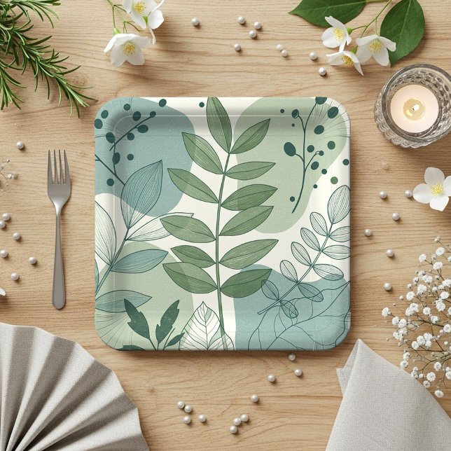Plato De Papel Modern Sage Green Botanical Leaf Pattern (Subido por el creador)