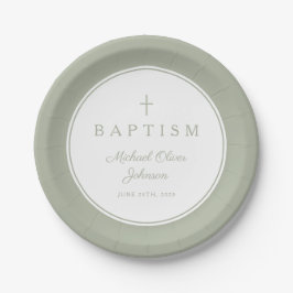 Plato De Papel Modern Sage Green Religious Cross Baptism