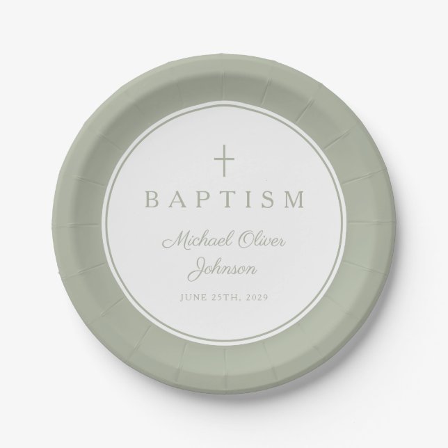 Plato De Papel Modern Sage Green Religious Cross Baptism (Anverso)