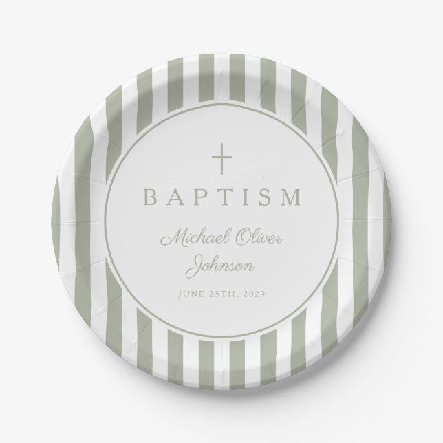 Plato De Papel Modern Sage Green Religious Cross Baptism (Anverso)