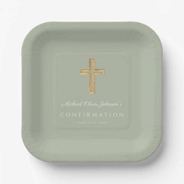 Plato De Papel Modern Sage Green Religious Cross Boy Confirmation (Anverso)
