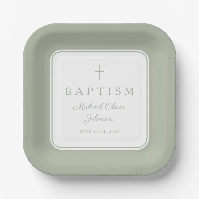 Plato De Papel Modern Sage Green Religius Cross Boy Baptism (Anverso)
