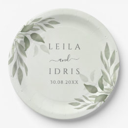 Plato De Papel Modern Sage Greenery Wedding Paper Plates