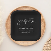 Modern Script Black Graduation Paper Plates