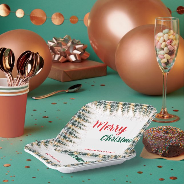 Plato De Papel Modern Script Christmas Xmas winter pine tree fore (Multi)