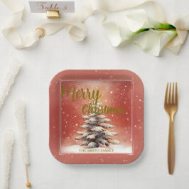 Plato De Papel Modern Script Christmas Xmas winter pine tree fore