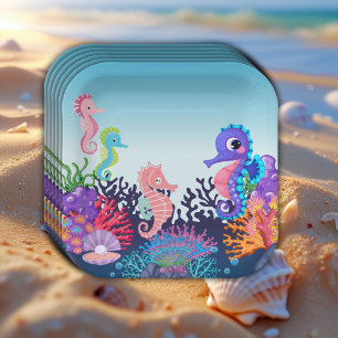 Plato De Papel Modern Under the Sea Seahorse Baby Shower
