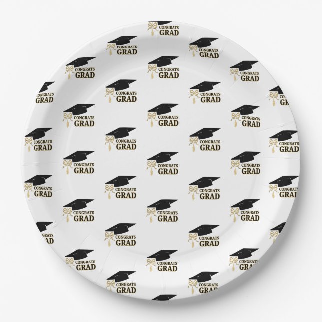 Plato De Papel Modern Whimsical Gold Black Graduation Cap (Anverso)