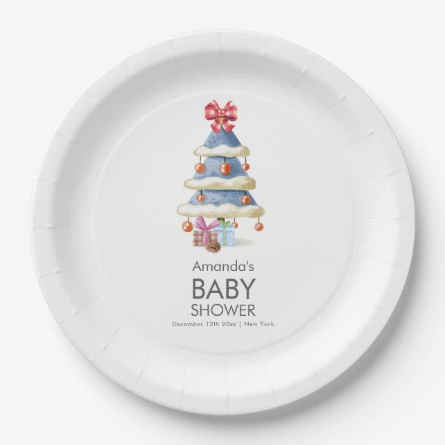 Plato De Papel Modern Winter Bow Christmas Tree Baby Shower  (Anverso)