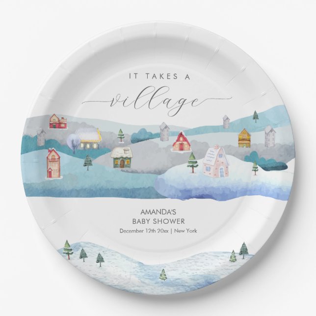 Plato De Papel Modern Winter Snow It Takes A Village Baby Shower  (Anverso)