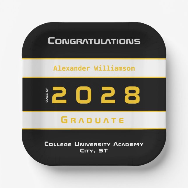 Plato De Papel Modern Yellow Black White Graduation Party (Anverso)