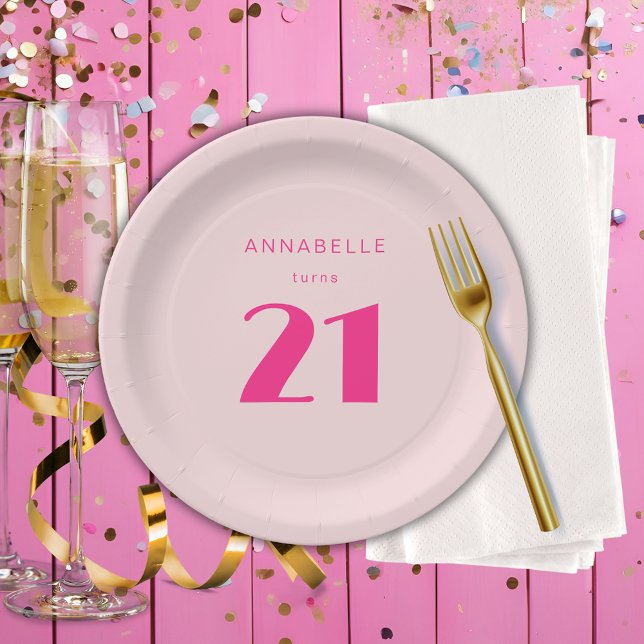 Plato De Papel Moderna 21ª Veintiún Fiesta de Cumpleaños Rosa (Blush pink custom paper plates for girls 21st birthday party celebrations and party decor.)