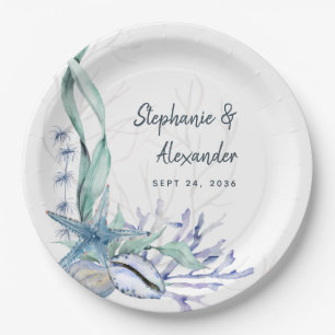 Plato De Papel Moderna acuarela Beach Seashells Boda