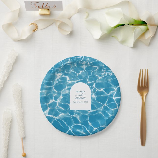 Plato De Papel Moderna acuarela Blue Ocean Beach Wedding (Boda)