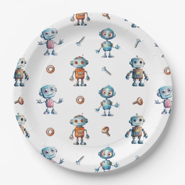 Plato De Papel Moderna acuarela Cute Robot Kids (Anverso)