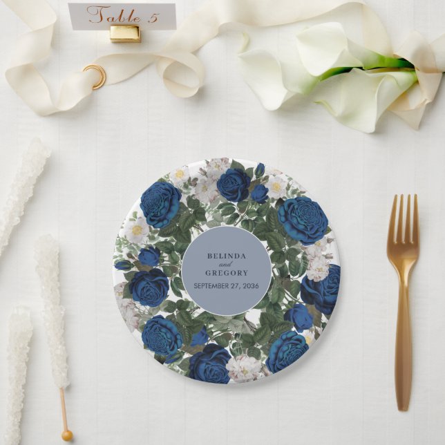 Plato De Papel Moderna acuarela floral azul elegante matrimonio (Boda)
