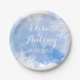 Plato De Papel Moderna acuarela salpicada azul boda de arrecife d