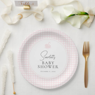 Plato De Papel Moderna Baby Shower de Gingham Rosada