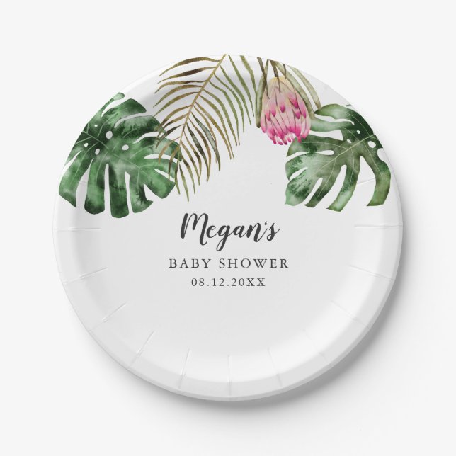 Plato De Papel Moderna Baby Shower Tropical Greenery (Anverso)