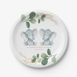 Plato De Papel Moderna Baby Shower Twin Elephant Greenery Gold