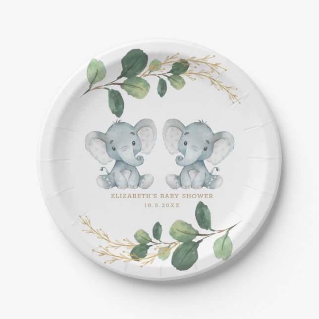 Plato De Papel Moderna Baby Shower Twin Elephant Greenery Gold (Anverso)