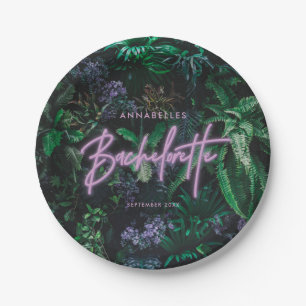 Plato De Papel Moderna bachelorette de neón violeta y brillante 