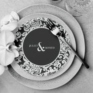 Plato De Papel Moderna Boda de Damasco floral elegante en blanco 