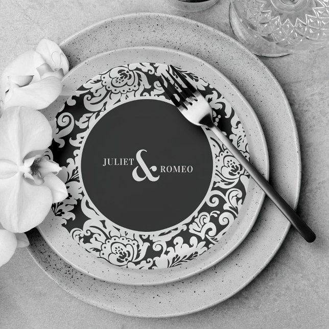 Plato De Papel Moderna Boda de Damasco floral elegante en blanco  (elegant black and white personalized wedding paper plates)