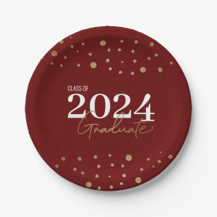 Plato De Papel Moderna Clase de Oro Borgoña Roja de 2024 Graduado