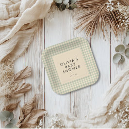 Plato De Papel Moderna colección de Baby Shower Sage Green Gingha