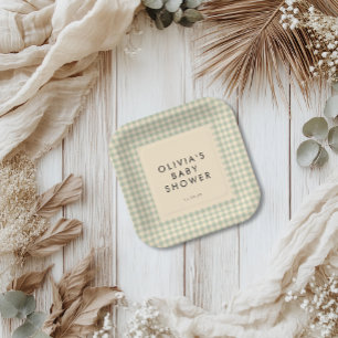 Plato De Papel Moderna colección de Baby Shower Sage Green Gingha