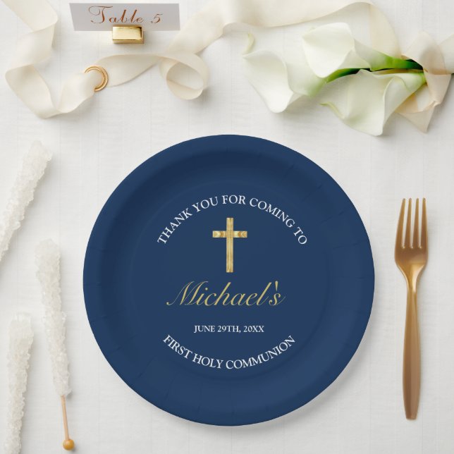 Plato De Papel Moderna Cruz Azul de Oro Primera Recepción Comunit (Boda)