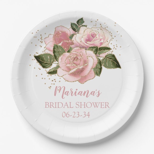 Plato De Papel Moderna ducha de novias de Rosas rosados y dorados (Anverso)