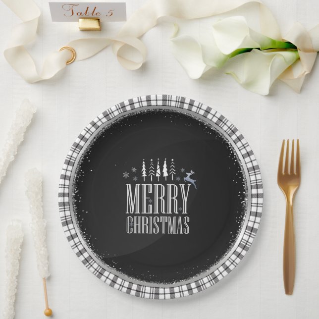 Plato De Papel Moderna Feliz Navidad Placa blanca negra elegante (Boda)