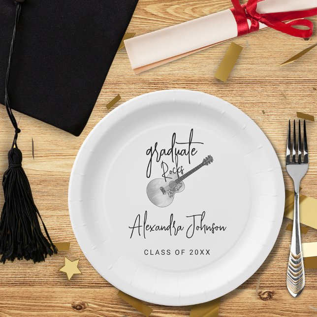 Plato De Papel Moderna fiesta de graduación de guitarra de moda (Modern script rustic country guitar music themed graduation party custom paper plate)