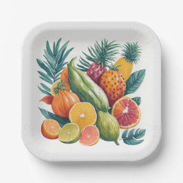 Plato De Papel Moderna Fiesta de Verano con Frutas Tropicales Exó