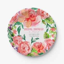 Plato De Papel Moderna Floral Bridal Shower Coral de color rosa c