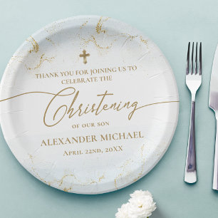 Plato De Papel Moderna Gracias Blue Gold Cross Boy Christening