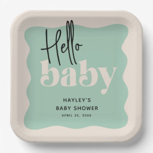 Plato De Papel Moderna Hello Baby Mint & Cream Baby Shower