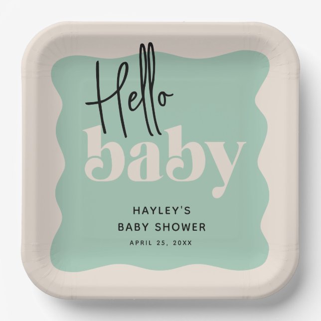 Plato De Papel Moderna Hello Baby Mint & Cream Baby Shower (Anverso)